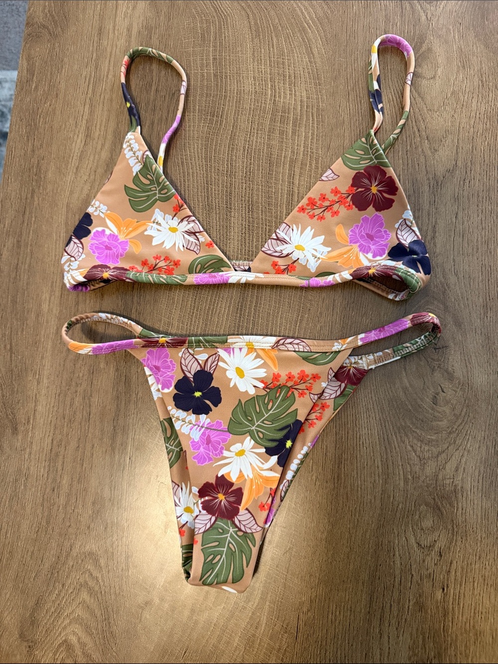Floral Triangle Bikini Set in Tan with Multicolor Blooms